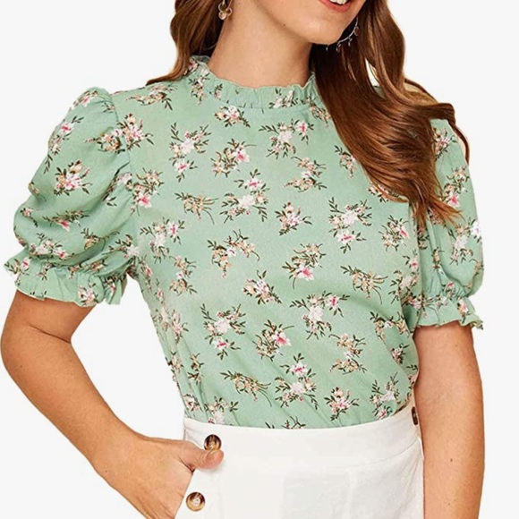 Floral print ruffle puff short sleeve casual blouse - Picture 2 of 3